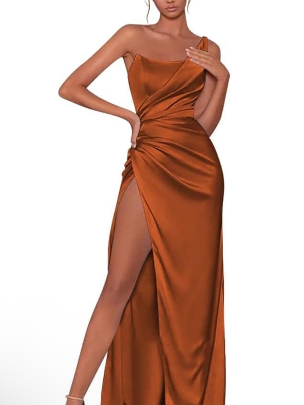 Elegant One-Shoulder Satin Gown in Copper Brown